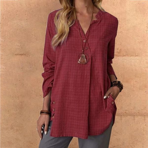 Blusas de mujer Camisa Lisa Vintage Primavera Manga Larga Cuello Alto Algodón Lino Cuello en V Tops Botón de Moda para Casual