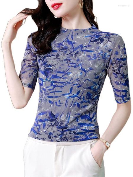 Chemisiers pour femmes Vintage imprimé chemises femmes Blusas Para Mujer 2023 été à manches courtes Boho Y2K Floral mince maille hauts Camisas Y