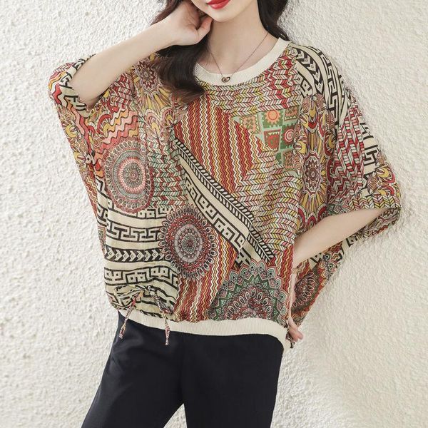 Chemisiers pour femmes Vintage Print Spliced Batwing Half Sleeve Blouse Femme 2023 Summer Fashion Casual Folk All-match Loose Oversized Tops Chemises