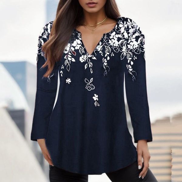 Blusas de mujer Camiseta con cuello en V con estampado vintage Tops Mujer Tallas grandes Manga larga Camisas de túnica casuales sueltas Otoño Streetwear Jersey Blusa