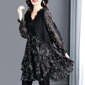 Damesblouses Vintage bedrukte v-hals gesplitste ruches kant kralen blouse kleding 2024 herfst casual truien kantoor dame overhemd