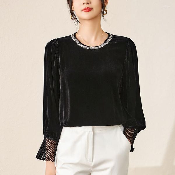Blusas de mujer Vintage camisa de terciopelo de seda Real retales con cuentas manga larga elegante para mujeres Tops Otoño Invierno blusa negra