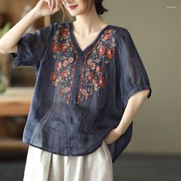 Women's Blouses Vintage Retro Floral Blouse Women Hlaf Sleeve V-Neck Shirts Sping Summer Casual Cotton Linen Tops Oversized Blus Femininas