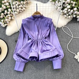 Blouses pour femmes Vintage Satin femmes bouffées à manches longues chemise et chemisier dos fermeture éclair élégant mode coréenne Blusas De Mujer Drop