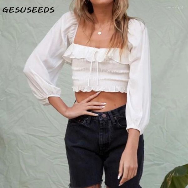 Blusas de mujer, camisa Vintage, blusa Sexy para mujer, blusas de manga larga con volantes, cuello cuadrado 2023, ropa de calle negra ajustada elástica blanca