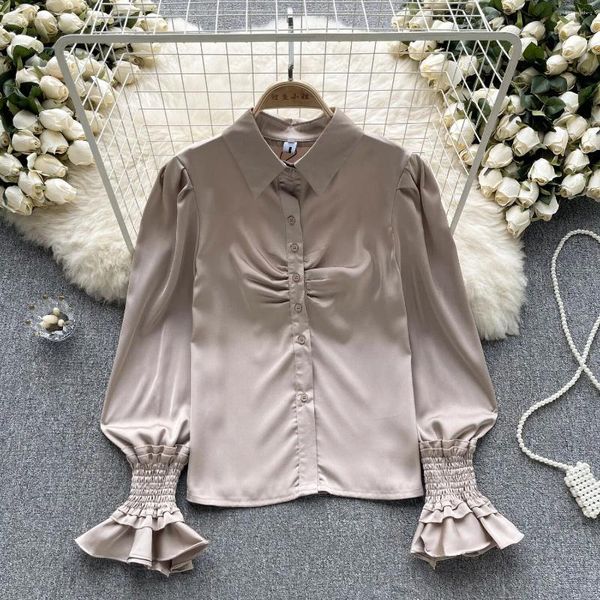 Blusas de mujer Camisa vintage Mujer Único Lujo Plisado Manga larga Formal Laides Moda Un solo pecho Satén Trabajo Oficina Top