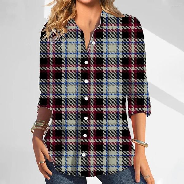 Chemises de chemisiers pour femmes Vintage Shirts Black Check Imprimée bouton de manche longue ajustement 2024 Vêtements féminins d'été 5xl