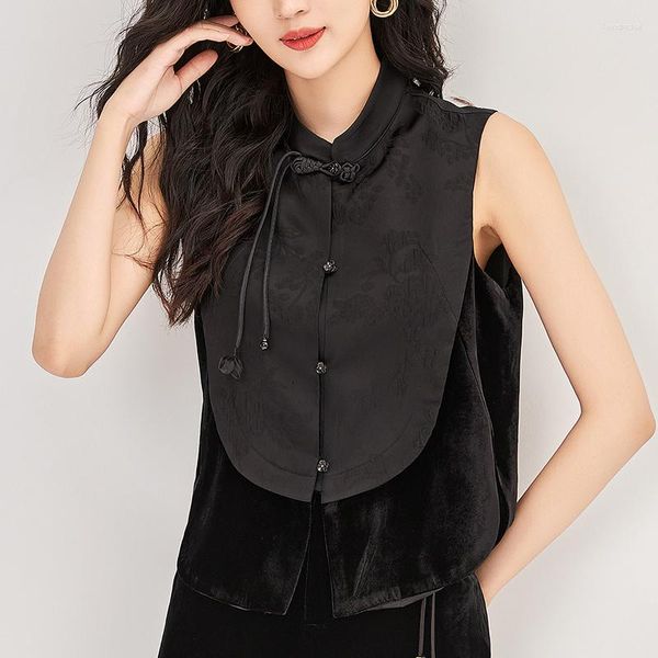 Blusas de mujer, camisas Vintage elegantes para mujer, blusa negra sin mangas de estilo chino, camisa de terciopelo de seda con retazos de acetato