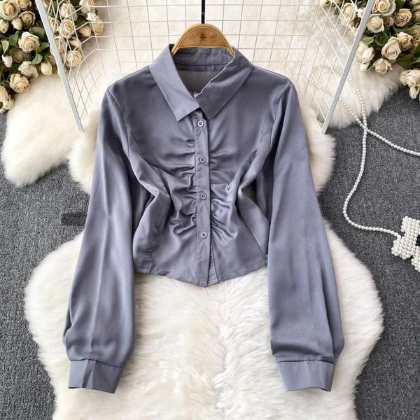 Blusas de mujer Camisas vintage para mujer Moda Cuello vuelto Manga larga abullonada Pliegues Solapa Blusa única Otoño Tops versátiles Gota