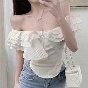 Blusas de mujer Vintage Slim White Slash Neck Shirt Mujer Verano Elegante Ruffled Sexy Off Shoulder Blusa Flying Sleeve Cropped Tops Lady