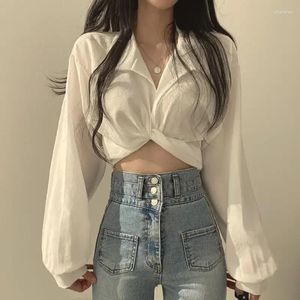 Blouses Femmes Vintage Streetwear Harajuku Sexy Femmes Blouse Crop Top Style Coréen Tendances Noir Blanc Chemise À Manches Longues Femmes Tops