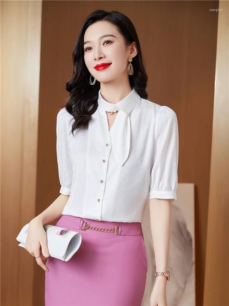 Blouses pour femmes Vintage été Satin Blouse femmes 2023 bureau dame élégante mode blanc Blusas à manches courtes décontracté dames hauts chemises