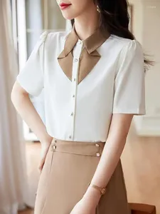 Boulouches de femmes vintage d'été blanc patchwork bouton top top femmes marron élégant à manches courtes chemises mode polyvalente tendance
