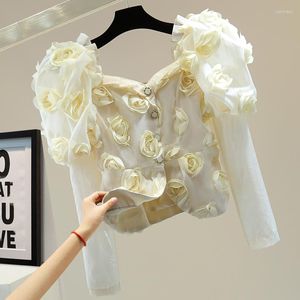 Women's Blouses Vintage Tie Flower Chiffon Shirt For Women 2023 Lente zomer Koreaanse stijl Slankmans korte blouse mode crop tops femme