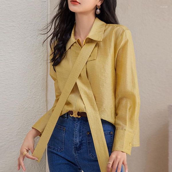 Chemisiers pour femmes Vintage col rabattu ruban en mousseline de soie Blouse bureau dame à manches longues jaune chemise femme vêtements 2023 hauts Blusa Mujer