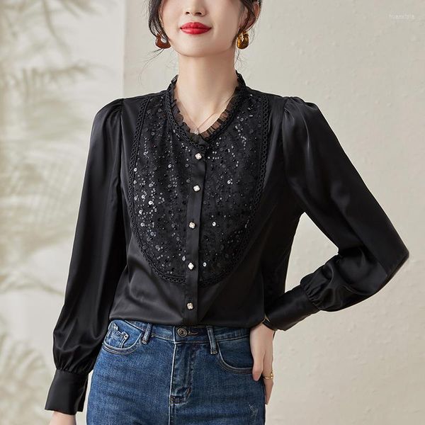 Blusas de mujer, camisa Vintage en blanco y negro para mujer, camisas elegantes de manga larga con cuello levantado para mujer, blusas sueltas, blusa de mujer de seda 35%