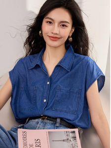 Chemisiers pour femmes Vintage femmes Denim chemise été 2023 mode coréenne manches chauve-souris Jean chemises femme décontracté poche bleu hauts Mujer