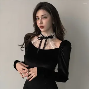 Blouses pour femmes Vintage Femmes Elegant Blusas Square Coll Collier Patchwork Lace Velvet Shirt Corean Blouse Fashion Y2K Clothes Tops