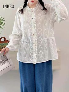 Blouses pour femmes vintage Femmes à la broderie florale Tops Hollow Out Shirt Spring été blanc élégant à manches longues 2024 Inkeo 4T038