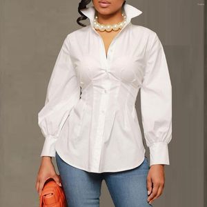 Damesblouses Vintage Dames Groen Wit Lange mouw Enkele rij knopen Hoge taille Corset Tuniekblouse en shirttops