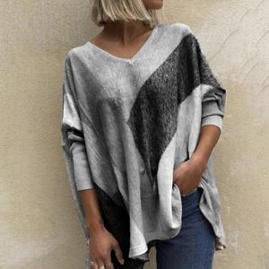 Damesblouses Vintage dames losse top Kleurrijke contrastkleuren Gestreepte patchwork V-hals Lenteoverhemd voor dagelijks gebruik