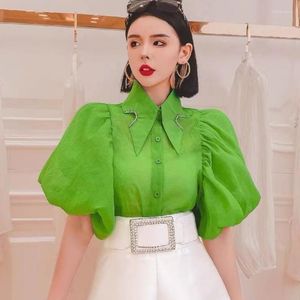 Dames Blouses Vintage Vrouwen Turn-Down Kraag Diamanten Chiffon Shirts Geplooide Halve Pofmouwen Strass Vest Crop Tops Blusas