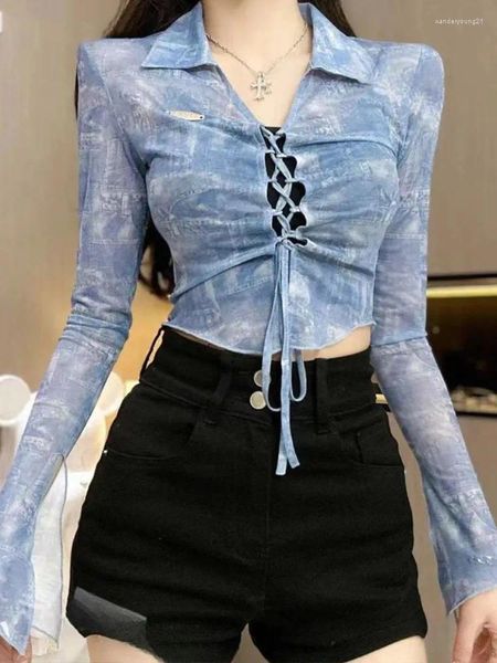 Blusas de mujer Vintage Y2k estética mujer verano manga larga vendaje Polo camisas moda femenina Tie-dye niñas Top corto irregular
