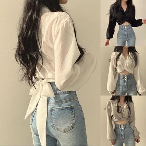Blusas de mujer Vintage Y2K Streetwear Harajuku Sexy Blusa de mujer Crop Top Tendencias de estilo coreano Camisa de manga larga blanca y negra Túnica femenina