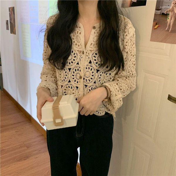 Blusas de mujer VOLALO primavera encaje dulce señora coreana Chic Tops ahueca hacia fuera mangas completas gancho flor elegante cárdigans Vintage mujer