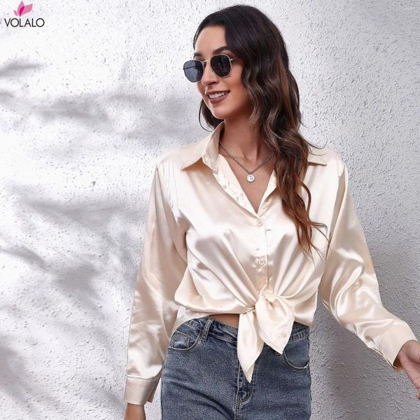 Blouses des femmes Volalo Femmes Satin mode 2024 Elegant Long Bat Sleeve Shirts Summer Cross V Neck Bandage Tops Haut Style Haut Tops