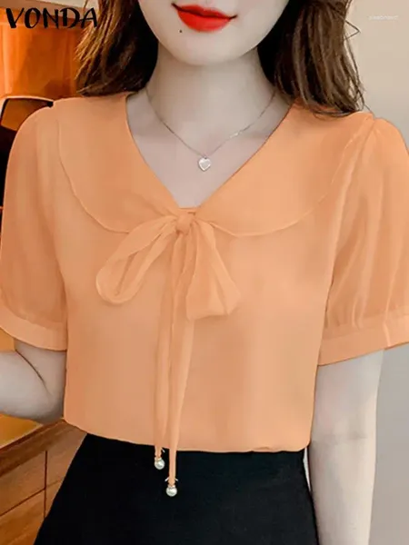 Blouses pour femmes Vonda 2024 Clime de papillon d'été Shirts de mode Felles Casual Short Puff Sleeve Top Low Elegant Color Color Blusas Femme