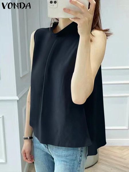 Blouses pour femmes Vonda 2024 Été sexy sans manches Elegant Tops Women Office Shirts Fashion Crew Neck Blouse Casual Preed Tank Blusas