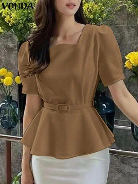 BLUSAS DE MUJERES VONDA Fashion Summer Blouse Coloque Collar Camisas para mujeres Copas de manga corta 2024 Elegante Solid Casual Streetwear Belted