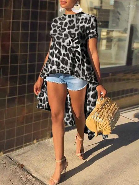 Blusas de mujer VONDA Blusa de moda de verano para mujer Tops largos Túnica con estampado de leopardo bohemio Camisas de fiesta de manga corta casual asimétricas