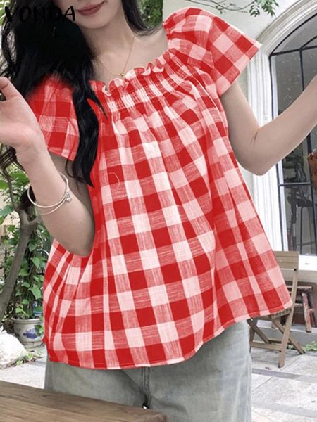 Blouses Femmes VONDA Femmes Mode Plaid Imprimé Blouse 2024 Summer Beach Top Casual Chemises Lâches Bohème Col Carré Blusas Femininas