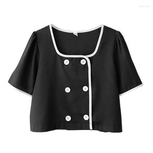 Chemisiers pour femmes VSUE femmes chemise à manches courtes été Slash cou solide double boutonnage blanc noir en mousseline de soie B0672