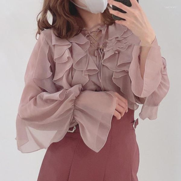 Chemisiers pour femmes WAKUTA doux col rond à volants manches évasées chemises à lacets japon rose Beige Blouse Femme automne Blusas Mujer De Moda 2023