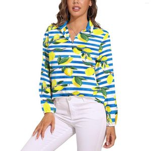 Blusas de mujer Blusa de limón acuarela Rayas azules y blancas Diseño Kawaii Camisas de moda urbana de manga larga para mujer Top extragrande de primavera