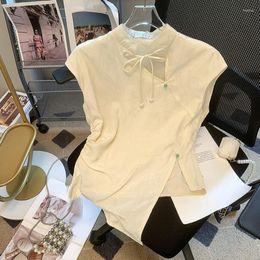 Blusas de mujer WDMSNA estilo chino Retro Blusas hebilla camisa de gasa mujeres verano Irregular vuelo manga Split Cheongsam Top