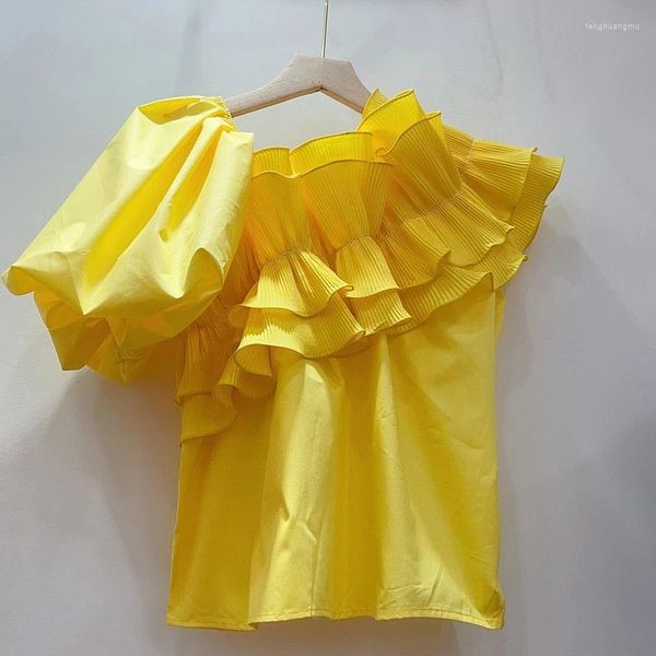 Blouses pour femmes WDMSNA Mode française Irrégulière Volants Femmes Chemise à col en V pour manches courtes Été Jaune Blusa Mujer Top