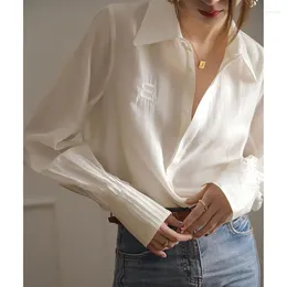 Blouses Femmes WDMSNA Style français Blanc Femmes Automne Chemise à manches longues en mousseline de soie pour revers brodé Lettre Blusas Tops amples