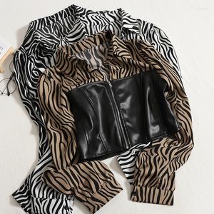 Damesblouses WDMSNA revers luipaardprint damesoverhemd stiksels leer contrastkleur blouse met hoge taille voor dames mode lange mouw