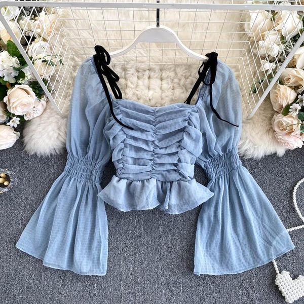 Blouses pour femmes WDMSNA chemise courte en mousseline de soie pour femmes couleur unie sangle hors épaule Blouse manches bouffantes plissé volants Slim Blusas Mujer