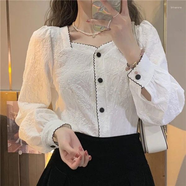 Blouses pour femmes WDMSNA Chemise blanche à simple boutonnage Femmes coréennes Printemps 2024 Col carré Fleur Blusas Puff Haut à manches longues