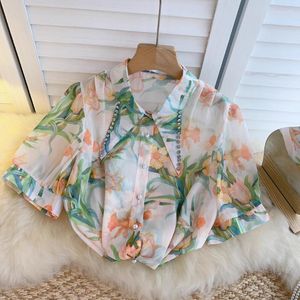 Vrouwen Blouses WDMSNA Temperament Diamond Nail Kraal Puntige Kraag Bloemen Blouse Vrouwen Bladerdeeg Korte Mouw Blusas Losse Mode Dames Shirt