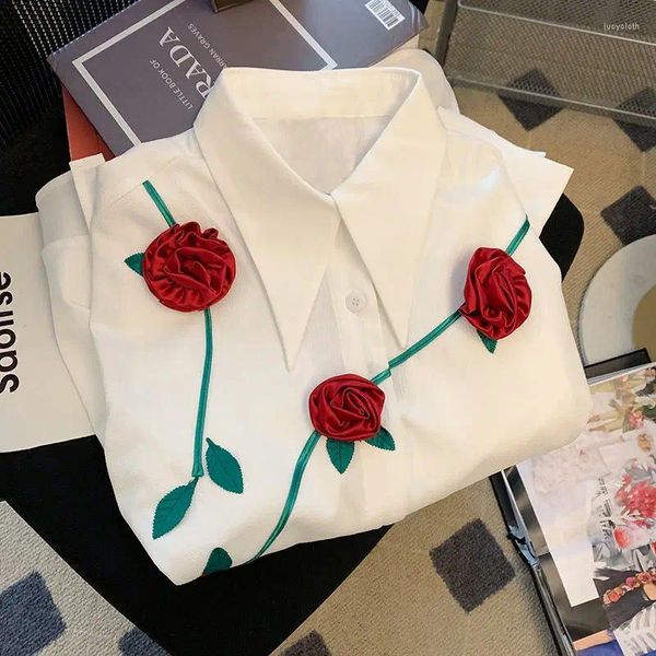 Blouses Femmes Blanc 3D Rose Blossom Chemise À Manches Longues Femmes Top Printemps Mode Tempérament Lâche Causal Doux Blouse Femme Vêtements