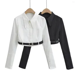 Blusas de mujer Camisa recortada blanca y negra Mujer 2024 Diseñador de moda Manga larga Ropa de oficina informal Camisas con cinturón para mujer Y2K Tops de verano