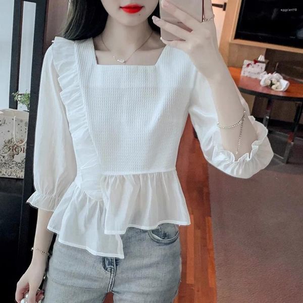 Blouses pour femmes Blouse blanche Shirts de printemps d'été Lady Fashion Fashion Casual à manches longues cols carrés Gauze Ruffles Blusas Tops 2xl