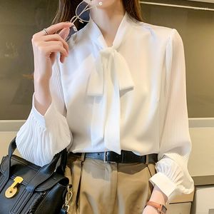 Blouses pour femmes Chemise en mousseline de soie à nœud blanc pour femmes Business Lady Style coréen à manches longues Casual