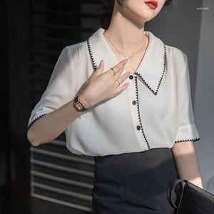 Chemisiers pour femmes blanc chemise boutonnée femmes 2023 mode d'été broderie conception revers à manches courtes chemisier d'affaires femme bureau carrière haut